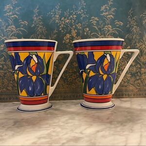 Pair of Vintage Wren Bone China Clarice Cliff Style Iris Mugs
